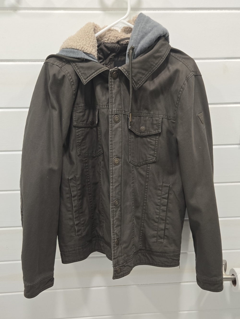 Guess Men's Olive Green Sherpa-Lined Field Jacket with Gray Hood
